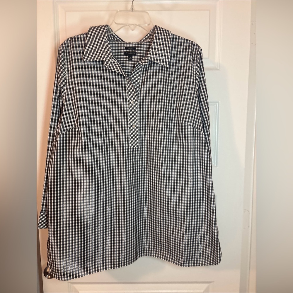 TALBOTS Perfect Popover Non-Iron SZ 18 Black White Metallic Gingham Check Casual